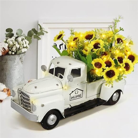Vintage White TruckDecor with Sunflowers ArtificialFlowers Farmhouse Table Decor - Picture 7 of 7